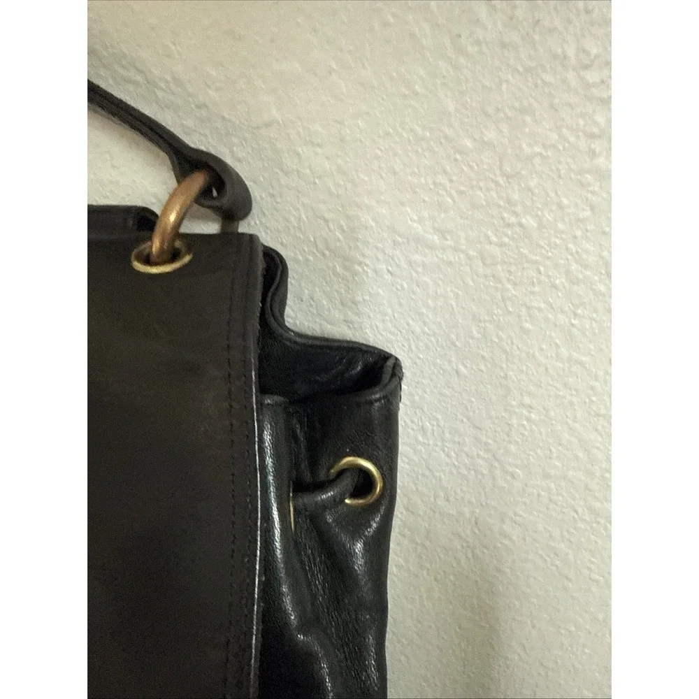 Vintage Soft‎ Black Leather Ninewest Backpack Drawstring Flap Closure Brass Tag